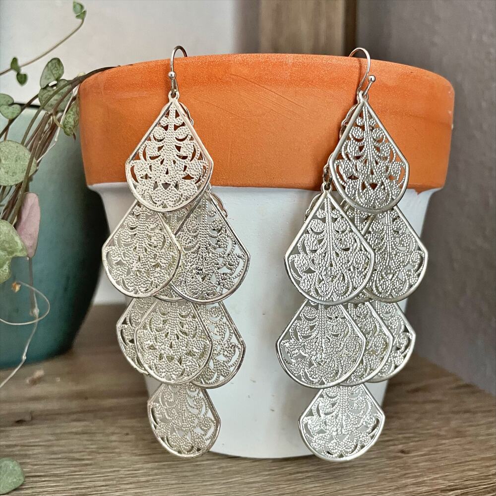 Intricate Filigree Long Dangly Silver-Tone Chandelier Earrings